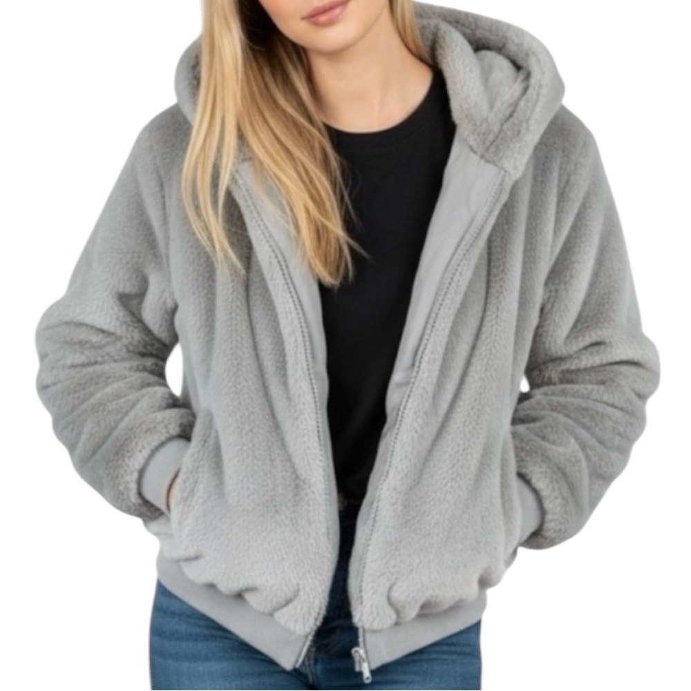 NY & Co. Womens Puffer Jacket Cropped Gray Hooded Faux Fur Reversible Medium